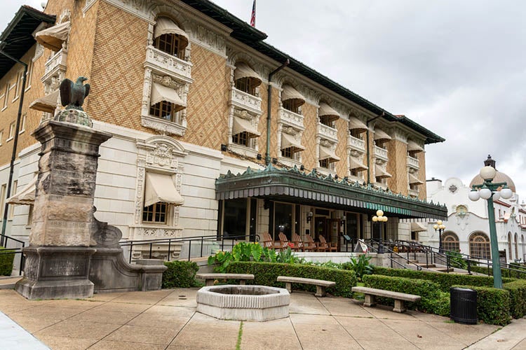 An exterior design of Fordyce bathhouses at Hot Springs National Park in Arkansas showcasing Renaissance revival architecture.